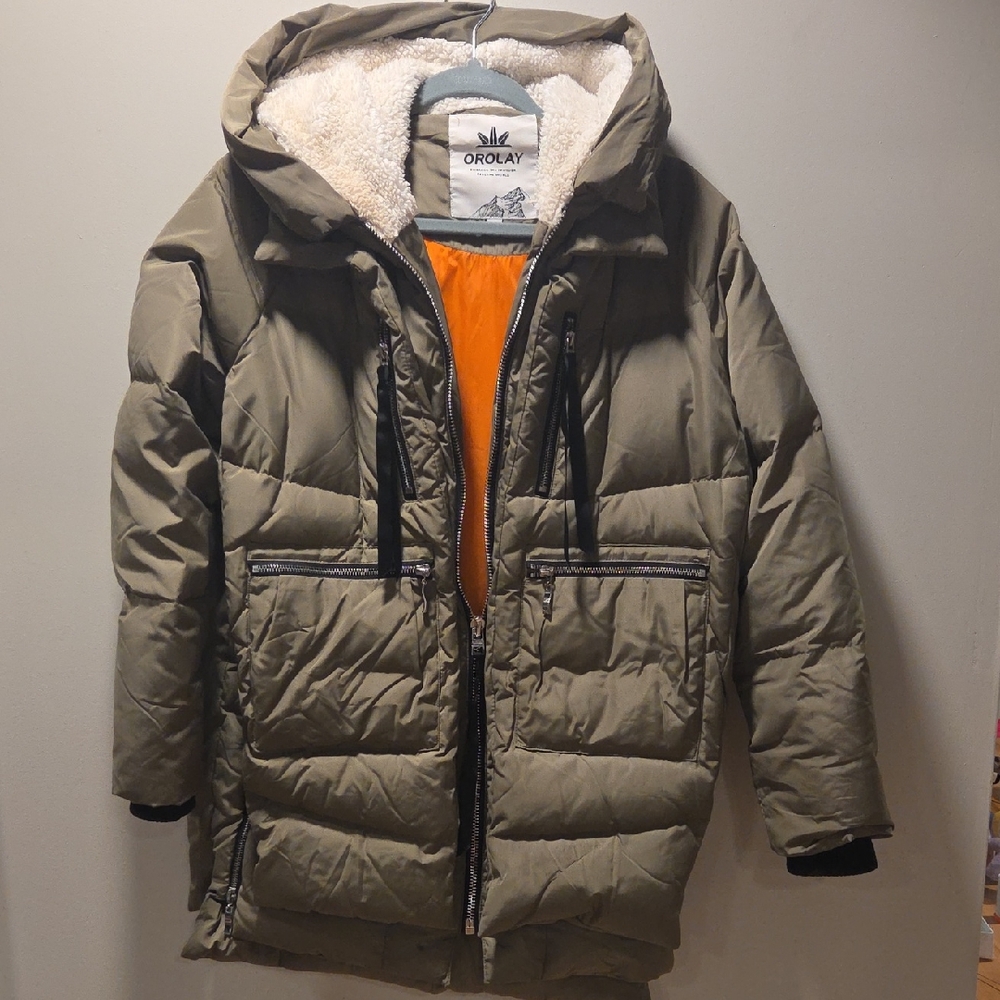 Women's Olive Puffer Coat with Orange Lining